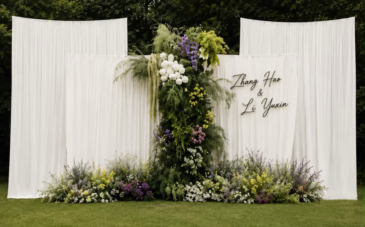 Garden ceremony backdrop with tall floral installation