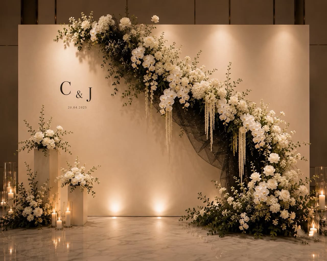 Champagne backdrop with cascading orchid and rose garland