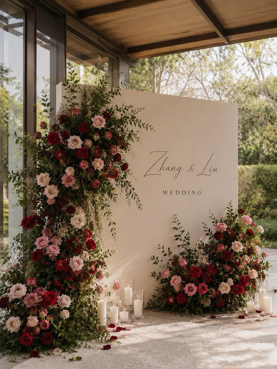 Ivory backdrop with red and pink rose arrangements